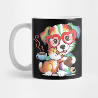 Cut Dog Hugging Cat With Coffee and Chocolate Mug